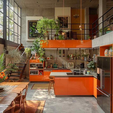 Creative Home Design, Alternative Kitchen Ideas, Small Kitchen Open To Living Room, Eclectic Modern Kitchen, Studio Maximalist, Staircase In Kitchen, Maximalism Kitchen, Kitchen Maximalist, Cool Kitchen Ideas