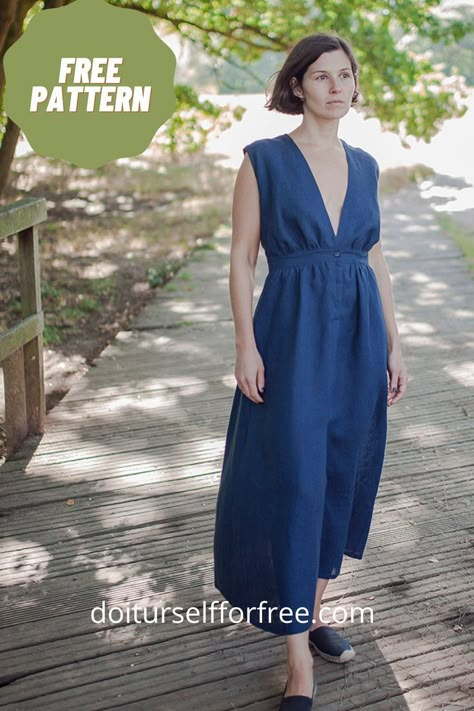 Deep Neckline Maxi Dress Sewing Pattern Easy To Sew Dresses For Women, Maxi Dress Pdf Sewing Pattern, Beginner Friendly Dress Pattern, Japanese Sewing Patterns Free Dresses, Pdf Dress Pattern Women Free Sewing, Free Womens Dress Patterns, Women’s Clothing Patterns, Easy Summer Sewing Patterns, Free Boho Sewing Patterns