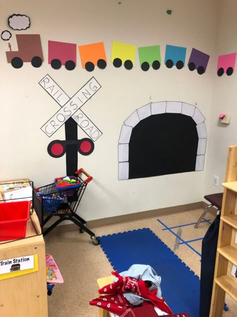 Train Track Activities For Preschool, Train Stem Activities Preschool, Train Eyfs Activities, Train Theme For Preschool, Road Signs Crafts For Preschool, Train Preschool Theme, Trains Preschool Theme, Wheels Dramatic Play, Train Sensory Play