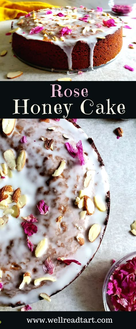 Honey cake infused with rose water and topped with an almond glaze. #honeycake #fancyhoneycake #rosewater #rosehoneycake #hanukkah2020 #hanukkahrecipes #hanukkahcakes #koshercakes #cakerecipes #recipes #desserts #dessertrecipes #cakes #honeycakes #holidaycakes #holidaybaking Flower Flavored Cake, Rose Tea Cake, Recipes With Rose Water Desserts, Rose Syrup Desserts, Herbal Cake Recipes, Rosewater Recipe Food, Rose Baking Recipes, Floral Cake Recipe, Floral Dessert Recipes