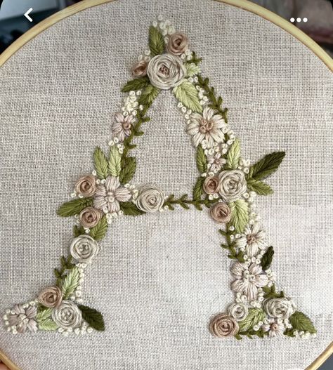 A Embroidery Letter, Hand Embroidery Letters Alphabet, Embroidery Alphabet Letters Design, Alphabet Embroidery Patterns Letters, Hand Embroidery Alphabet, Floral Letter Embroidery, Monogram Embroidery Letters, Diy Embroidery Flowers, Hand Embroidery Letters