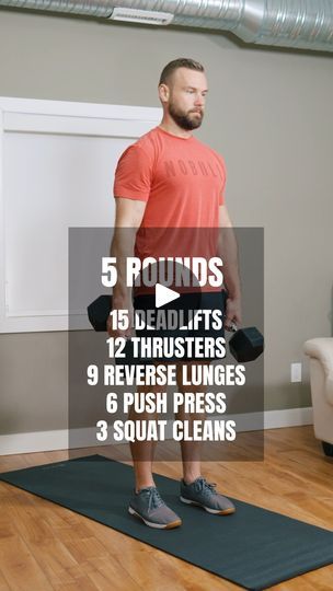 162K views · 2K reactions | No need to leave your living room...⚡ Do you usually work out at home or the gym?

5 Rounds

15 Deadlifts
12 Thrusters
9 Reverse Lunges (each side, alternating)
6 Push Press
3 Squat Cleans

To scale perform fewer rounds (3-4 instead of 5) and use lighter weights. This can also be performed with a single dumbbell. Do not forget to save it for later! ✅

📝 This is a conditioning workout. To ensure a well-balanced training program, it's important to include some dedicated hypertrophy/strength-focused resistance training into your routine.

📌 My Training Plan: @fitnessacademy
📌 Free Interval Timer: @timerwod

Questions? Drop them in the comments!

#fitnessacademy #dumbbellworkout #dumbbell #fitnessworkout #workout #fitness #homegym #garagegym #amrap #challenge #st Dumbbell Thruster Workout, Thrusters Workout, Work Out At Home, Wod Workout, Conditioning Workouts, Reverse Lunges, Functional Fitness, Garage Gym, Resistance Training