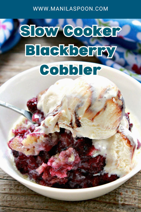 Slow Cooker Blackberry Cobbler - Manila Spoon Desserts Crockpot, Easy Blackberry Cobbler, Blackberry Cobbler Recipe, Crockpot Desserts, The Magical Slow Cooker, Blackberry Recipes, Blackberry Cobbler, Crock Pot Desserts, Slow Cooker Desserts