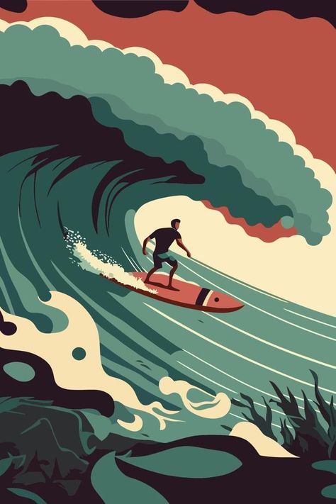 man surfer  surfing on big wave in beautiful ocean beach Surfboard Drawing, Surfer Poster, Surfing Wallpaper, Printable Wall Art Aesthetic, Surf Artwork, Illustration Poster Design, Surf Art Print, Surf Painting, Retro Colours