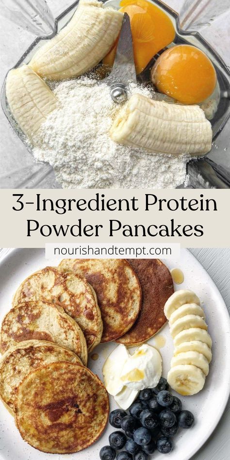 A picture of the ingredients needed for protein pancakes including banana, protein powder and eggs. Ww Protein Pancakes, Banana Pancakes With Protein Powder, High Protein Snacks With Banana, High Calorie And Protein Breakfast, Breakfast After Gym, Keto Recipes Breakfast Easy, Pancakes Made From Bananas, Iso Protein Powder Recipes, Snacks With Vanilla Protein Powder