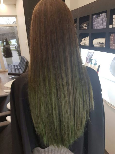 Dark green brown long hair balayage nr 002 Olive Green Highlights Hair, Green Hair Balayage Dark Brown, Olive Green Hair Color Highlights, Dark Green Brown Hair, Brown Long Hair Balayage, Ash Green Hair Color Highlights, Green Brown Hair Color, Light Brown And Green Hair, Matcha Haircolor