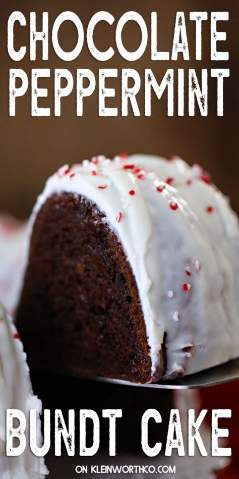 This Chocolate Peppermint Bundt Cake combines a festive peppermint glaze with a fudgy 5-ingredient chocolate cake. This makes it the perfect dessert to finalize your holiday feast! Peppermint Chocolate Chip Bundt Cake, Chocolate Peppermint Bundt Cake Recipe, Peppermint Pound Cake, Peppermint Bundt Cake Recipe, Peppermint Mocha Bundt Cake, Christmas Bunt Cakes Holiday Desserts, Holiday Bunt Cakes, Peppermint Chocolate Bundt Cake, Chocolate Cake With Peppermint Frosting