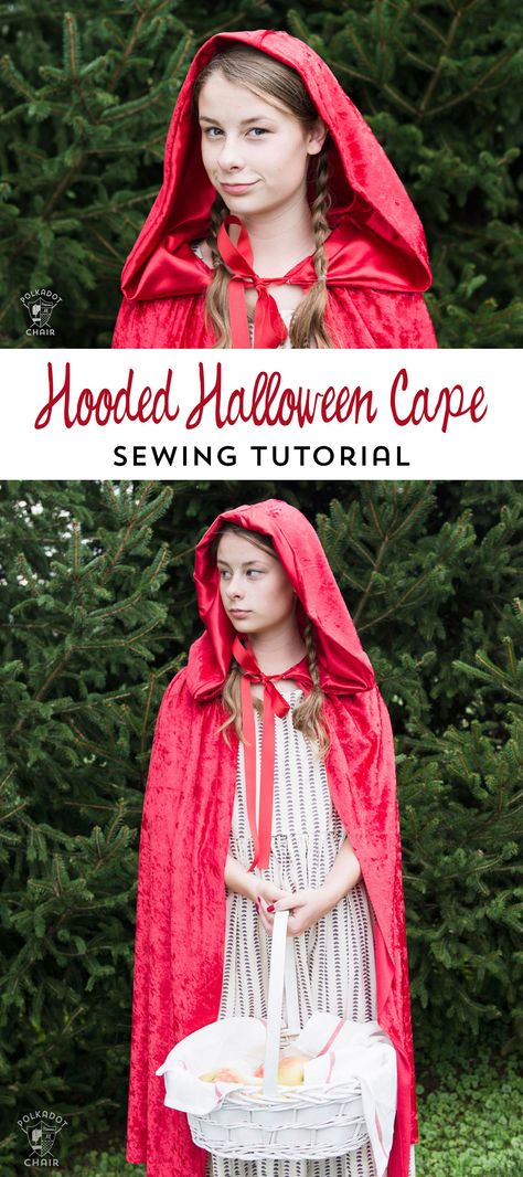 How to make a hooded cape for Halloween - tutorial teaches you how to resize it for kids or adults Sewing Classes For Beginners, Halloween Capes, Tote Bag Pattern Free, Cape Pattern, Capes For Kids, Crochet Kids, Beginner Sewing, Hooded Cape, Trendy Crochet