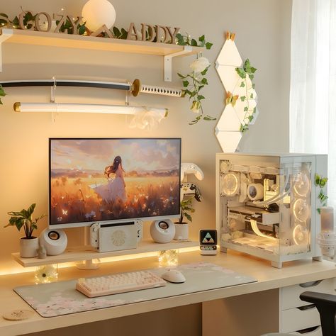 Cozy Desk Setup 🍂 Nothing beats the comfort of a cozy desk setup 🍂✨. Perfect for those focused work sessions. Credit to @cozyaddy for this inspiring setup! #CozyDesk #WorkFromHome #HomeOffice #DeskGoals #Productivity Girly Gaming Setup, White Desk Setup, Nice Desk, Games Room Inspiration, Cozy Gaming, Cozy Desk, Gamer Room Decor, Bedroom Setup, Room Redesign