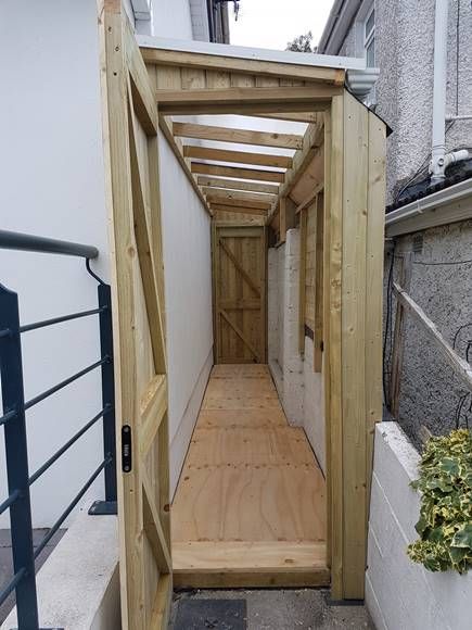 Lean To Shed Cabinteely | Side Passage Shed | Mac Carpentry. Storage On Side Of House, Covered Side Passage, Side Alley Shed, Side House Storage, Lean To Side Of House, Lean To Utility Room, Shed Attached To Garage, Side House Extension Ideas, Lean To Shed Against House