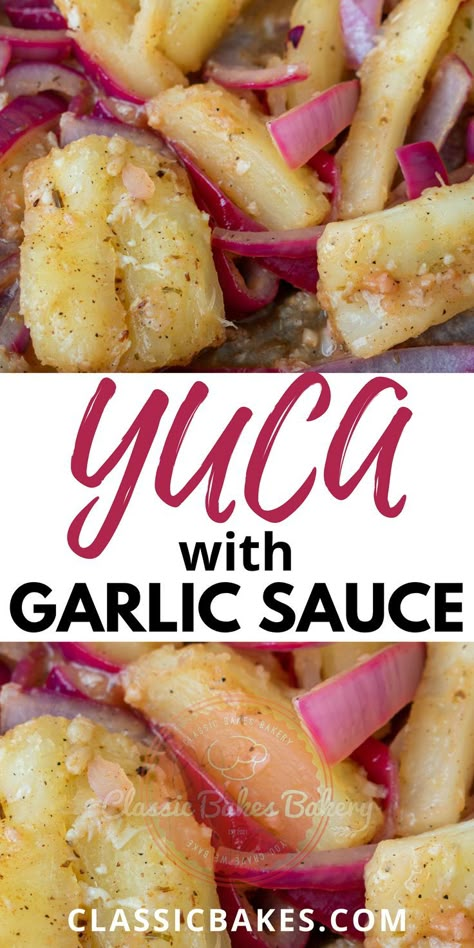 Vegan Yucca Recipes, Puerto Rican Side Dish Recipes, Yuca Puerto Rican Recipes, Frozen Yuca Recipes, Yuca Al Mojo Puerto Rico, Latin Side Dishes, Puerto Rican Meals, Authentic Dominican Food Recipes, Puerto Rican Yuca