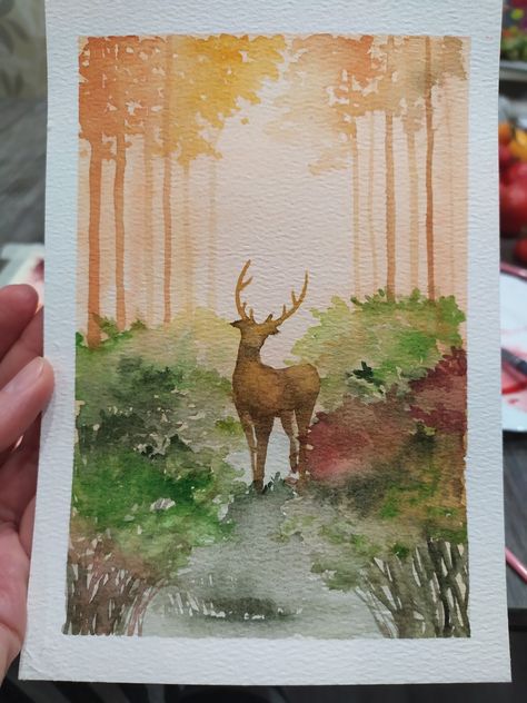 Watercolor Deer Painting Tutorial, Deer Watercolor Painting Easy, Forest Animals Watercolor, Fall Watercolor Ideas, Doe Watercolor, Enchanted Forest Watercolor, Hunting Watercolor, Forest Drawing Easy, Deer Watercolor Painting