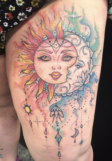 Sun Moon Tattoos, Front Thigh Tattoos, Sun Moon Tattoo, Sun And Moon Tattoos, Thigh Tattoos For Women, Earthy Tattoos, Moon Sun Tattoo, Celestial Tattoo, Sun Tattoo Designs