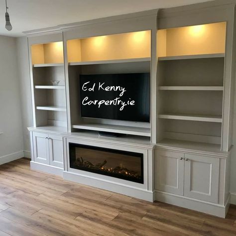 Bespoke TV unit with Intergrated electric fire Built In Tv Cabinet, Wall Units With Fireplace, Living Room Units, Built In Wall Units, Built In Around Fireplace, Lounge Rooms, Built In Entertainment Center, Feature Wall Living Room, Built In Shelves Living Room