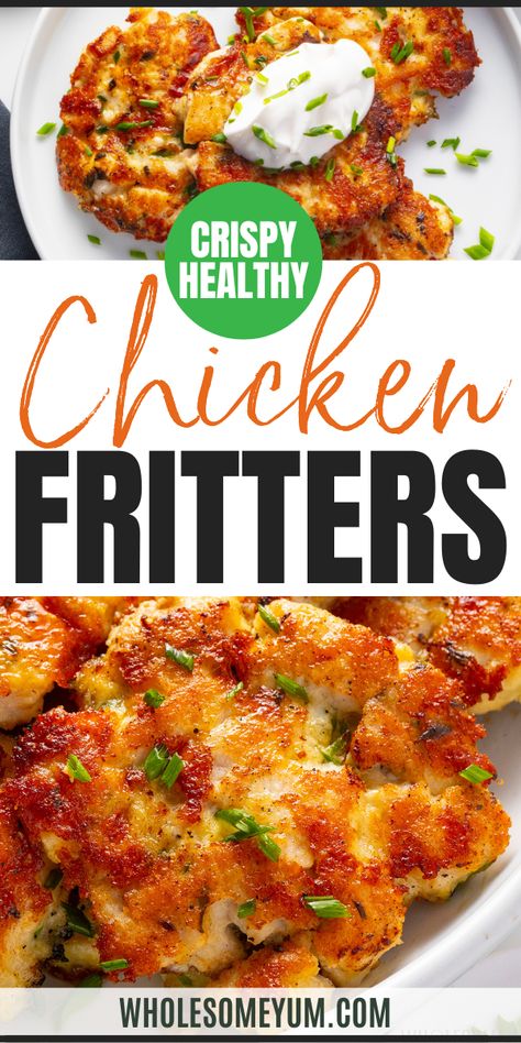 Chicken Fritters Weight Watchers Cheesy Chicken Fritters, Broccoli Chicken Fritters, Low Carb Chicken Fritters, Crispy Chicken Patties, Chicken Cakes Recipe, Crispy Chicken Fritters, Cheesy Chicken Fritters Recipe, Cheesy Keto Chicken Fritters, Ground Chicken Recipes Healthy Low Carb