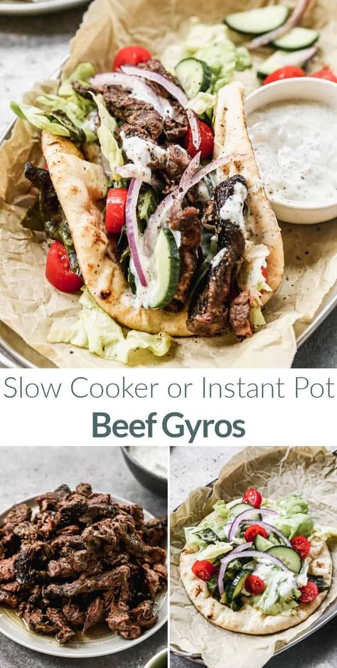 Instant Pot Gyros Beef, Slow Cooker Gyros Beef, Roast Beef Gyros, Greek Recipes Instant Pot, Roast Beef Gyro Recipe, Easy Gyro Recipe Beef, Crockpot Gyros Beef, Gyros Recipe Lamb, Fresh Beef Recipes