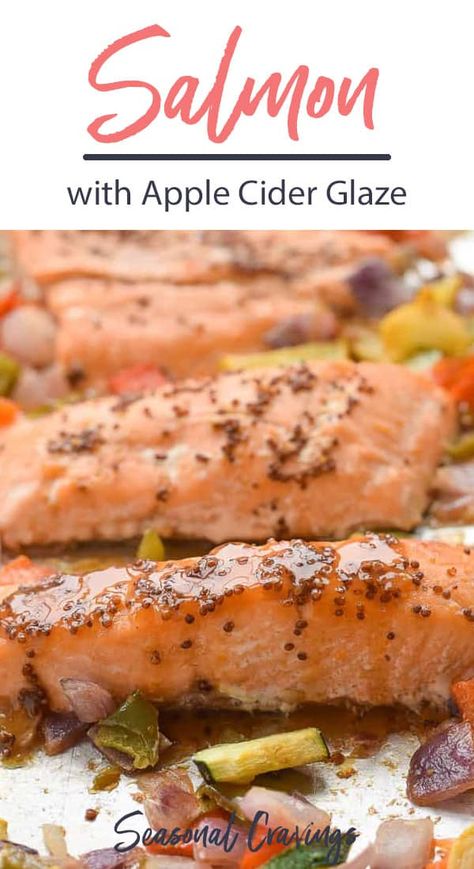 Celebrate apple season with this delicious Sheet Pan Apple Cider Glazed Salmon.  It's easy to prepare and the salmon tastes great slathered with apple cider sauce. #glutenfree #sheetpan #dinner #easyrecipe Salmon With Apples, Apple Salmon Recipe, Apple Cider Glazed Salmon, Salmon Apple Recipes, Apple Cider Salmon, Autumn Salmon Recipes, Thanksgiving Salmon, Apple Salmon, Recipes Using Apple Cider