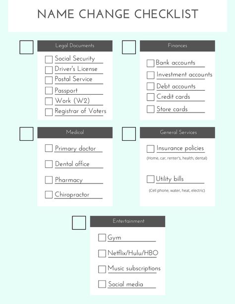 Last Name Change Checklist, Wedding Name Change, Name Change Checklist, Changing Last Name, Changing Name, Legal Name Change, Changing Your Last Name, Wedding Checklists, Change Name