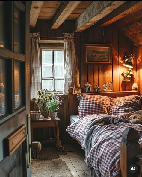 Simple Cozy Bedding, Cabin Core Bedroom, Forest Cottage Interior, Old Southern Homes Interior, Camp Cottage, Forest Cabins, Mountain Inspiration, Cottage Rooms, Cabin Room