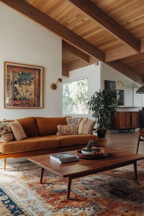 ♥ Are you dreaming of a cozy and stylish living room with a touch of 70s interior design? Step into this Mid Century Modern living room, a blend of boho and modern aesthetics. From the earthy tones to the accent walls, this space screams "cozy living room goals". ✨🌿 #mcmLivingRoom #70sInteriorDesign #CozyLivingRoom #NeutralLivingRoom #LivingRoomInspiration Mid Century Indian Living Room, Interior Cozy Design, Natural Modern Farmhouse Living Room, 70s Southwestern Interior, Boho Great Room, Mid Mod Farmhouse, 2nd Living Room Ideas Small Spaces, Boho Design Living Room, Boho Modern Interior Design