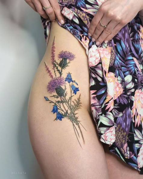 Thistle and bluebell tattoo Bluebell Tattoo, Scottish Tattoos, Thistle Tattoo, Lavender Tattoo, Floral Tattoo Sleeve, Botanical Tattoo, Tattoo Feminina, Tattoo Designs And Meanings, Hip Tattoo