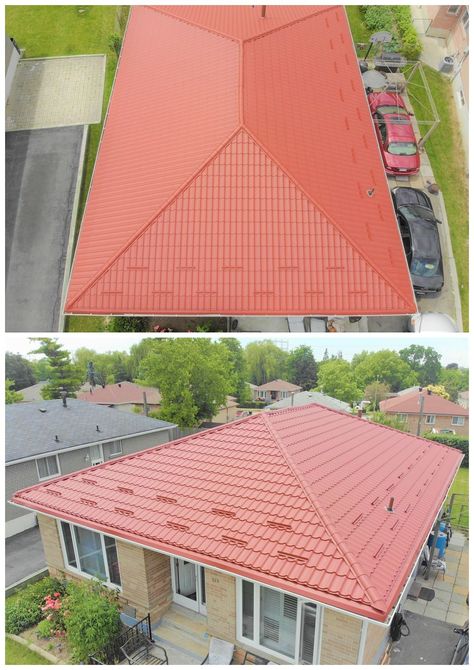 Metal tile roof project in Scarborough.  #metalroof #metalroofing #metalroofs #steelroof #steelroofing #metaltile #metaltiles #snowguard #snowguards #standingseam Roof Tiles Design, Tile Roof House, Metal Roof Cost, Hip Roof Design, Roof Renovation, Tin Roofing, Metal Roofing Systems, Hipped Roof, House Awnings