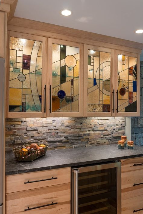 Diy Glass Cabinet Doors Kitchen, Stained Glass Pocket Doors, Unusual Kitchen Cabinets, Stained Glass Cabinets Kitchen, Stained Glass Pantry Door Ideas, Kitchen With Stained Glass Windows, Stained Glass Kitchen Cabinets, Stained Glass In Kitchen Cabinets, Glass Cupboards Kitchen