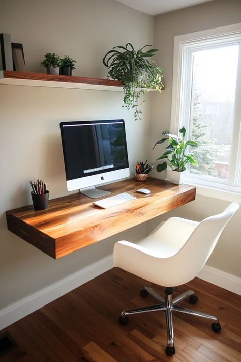 "Add style and efficiency to your workspace with a DIY Floating Desk! 🛠️💻 A sleek, space-saving solution for your home office needs. 🌟✨ #DIYProjects #HomeOfficeDecor #FloatingDeskIdeas" Floating Shelf Home Office, Suspended Desk Ideas, Wall Mounted Study Table Designs, Wal Desk, Desk Window Ideas, Floating Study Table, Floating Table Wall, Floating Desk Office, Floating Desk Diy