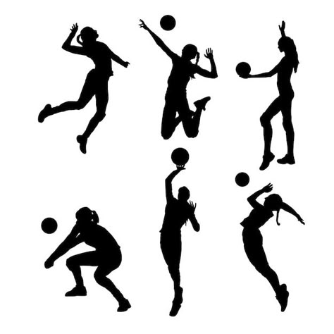 Vector set of silhouettes of volleyball ... | Premium Vector #Freepik #vector #volleyball #volleyball-player #volley-ball #volley Volleyball Sillhoute, Spiker Volleyball, Volleyball Vector, Volleyball Background, Volleyball Silhouette, Volleyball Drawing, Volleyball Images, Volleyball Clipart, Volleyball T Shirt Designs