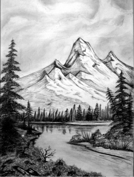 Forest Drawing Pencil Easy, Gray Scale Drawing, Scenery Drawing Pencil, Pencil Sketches Landscape, Mountain Sketch, Landscape Pencil Drawings, Drawing Scenery, Nature Art Drawings, Mountain Drawing