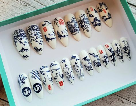 Porcelain Nails, Nails Chinese, China Nails, Squoval Nails, Nails Press, Anime Nails, Nails Green, Nails Fake, Acrylic Press On Nails