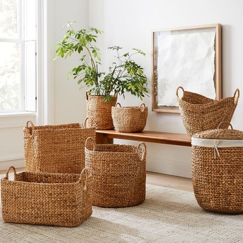 Curved Basket Collection - Natural | West Elm Baskets In Bathroom, Basket Collection, Lidded Baskets, Wood Basket, Seagrass Basket, Small Space Organization, Water Hyacinth, Space Organizer, Large Baskets