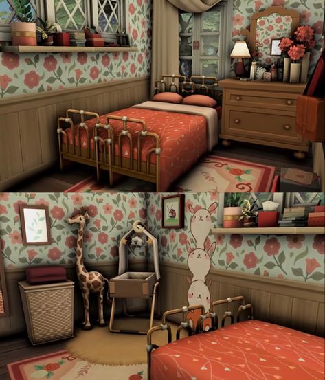 Sims 4 Cottage Core Bedroom, Sims 4 Bed Rooms, Sims 4 Ranch Interior, Sims 4 Cottage Living Outfits, Sims 4 Cottage Bedroom, Cottage Core House Interior, Bloxburg Cottagecore, Skater Bedroom, Small Cottage Bedroom