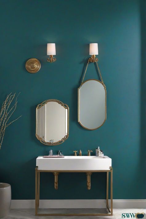 bathroom decor,interior paint colors,room decor,home renovation Wall Paint Bathroom, Peacock Powder Room, Peacock Blue Bathroom Ideas, Peacock Plume Sherwin Williams, Peacock Color Wall Paint, Peacock Blue Wall Paint, Bathroom Wall Painting Ideas, Behr Peacock Blue, Peacock Paint Colors