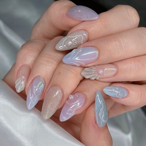 ᥫ᭡ underwater 𓇻 ₊˚ something so soothing with these colours 😌💜 June/July Mermaid special on Medium Almond Gelx #naildesign #nailart #nailinspo #mermaidnails #beachnails #summernails #magnetnails #chromenails #nails2inspire #trendynails #gelxnails #gelxinspo Mermaidcore Nails Aesthetic, Nail Inspiration Colourful, Mermaid Nails Almond, Special Nail Design, Sugarplum Fairy Nails, Mermaid Nails Design Simple, Kokomi Nails, Mermaid Nails Aesthetic, Underwater Nails