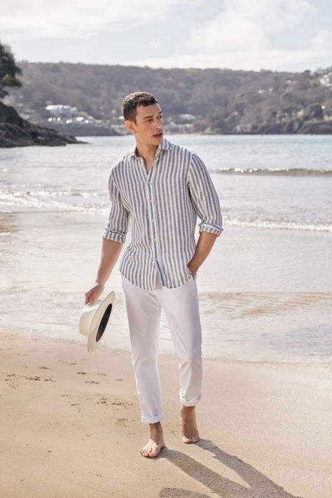 Men’s French Riviera Style, Men Summer Linen Outfits, Men's Linen Outfits, Summer Linen Menswear, Mens White Linen Shirt Outfit, Striped Shirts Men, Men’s Resort Style, Mens Florida Fashion, Men’s Beach Wedding Outfit