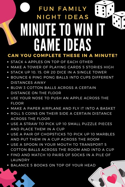 For a fun game to play with your family at home, try a family version of the game show “Minute to Win It”. Most tasks use simple, household items which is why this is an ideal game to play at home! Games Day Ideas, Tv Game Shows To Play At Home, Game Night With Family, Games To Play With Siblings At Home, Games That Dont Require Anything, Game Show Activities, Games To Play At A Restaurant, Games To Play With Family Outside, Game To Play With Family