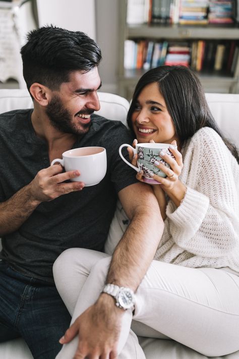 Couples Sitting Together Couch, Couple On Sofa, R6 Black, Sit Pose, Prewedding Studio, Holding Coffee, Black Monster, Relationships Tips, Home Photo Shoots