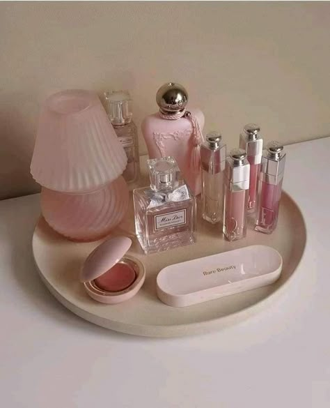 Beauty Content Creator, Clean Girl Makeup, Makeup Tray, Small Nightstand, Pink Mushroom, Pink Cosmetics, Beauty Content, Living Bedroom, Glass Mushrooms