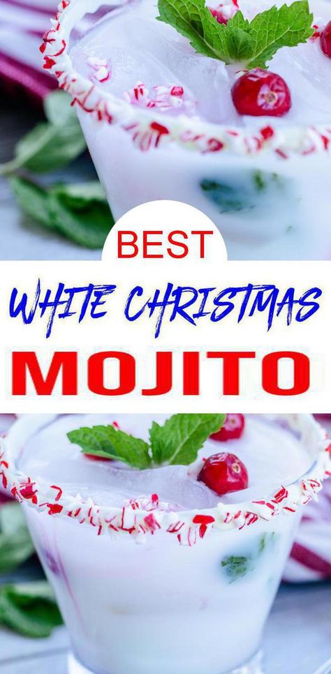 Insanely delicious white Christmas mojito. BEST Christmas cocktail that is crowd pleasing. Simple & easy Holiday cocktail w/ coconut rum. Perfect alcohol drink recipe for yummy Christmas drinks. Kick off the Holidays & put this alcoholic drink on your Thanksgiving table. Quick rum liquor idea for tasty & delish white Christmas mojito. Serve for xmas parties or for friends & family. For more #alcohol drink recipes see KimspiredDIY #rum #christmas Christmas Adult Drinks For A Crowd, Cabin Drinks, Strawberry Mojito Recipe Pitcher, Christmas Mojito Recipe, White Christmas Mojito, Christmas Mojito, Easy Mojito, Mojito Recipe Pitcher, Strawberry Mojito Recipe