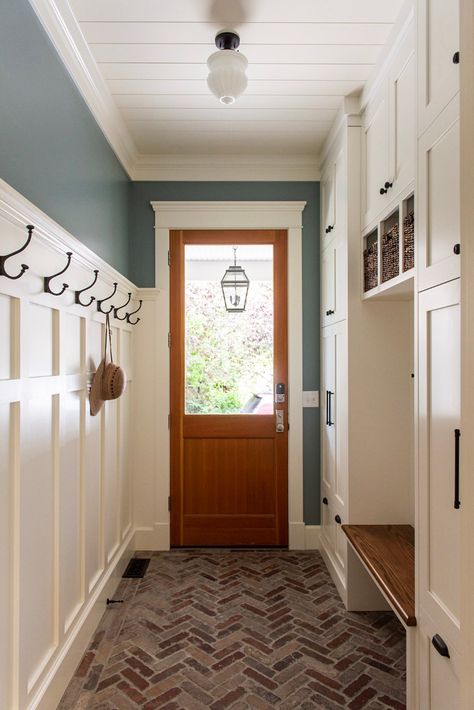 Entry Hall Mudroom, Laundry Room Breezeway Ideas, Mudroom Entry Door, Entrance Mudroom Ideas Entryway, Breezeway Interior Ideas, Side Door Entrance Ideas Interior, Craftsman Mudroom Ideas, Home Interior Design Color Palette, Large Mudroom Laundry Room Ideas