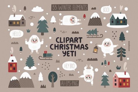 Christmas Yeti, Winter Houses, Hey Bro, Clipart Christmas, Christmas Crafts Decorations, Decorative Elements, Christmas Clipart, Winter House, Scrapbooking Ideas