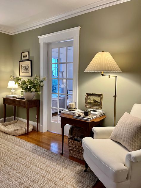 living room lamps, farrow and ball french gray, vintage decor, afloral stems, vintage art, styling coffee table books French Style Apartment Living Room, Neutral Green Living Room Walls, Cottage Green Living Room, Traditional Green Living Room, Farrow And Ball French Grey Living Rooms, Traditional American Home Decor, Neutral Walls Living Room, Minimalistic Vintage Interior, Timeless Modern Living Room