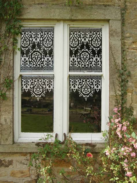 Stencilled window. Acrylic paint and OTT20 stencil. From The Stencil Library's blog. Window Stencils, Planet Stencil, Lace Stencil, Window Treatments Sheer, Lace Window, Viborg, Tile Stencil, Diy Window, Window Ideas