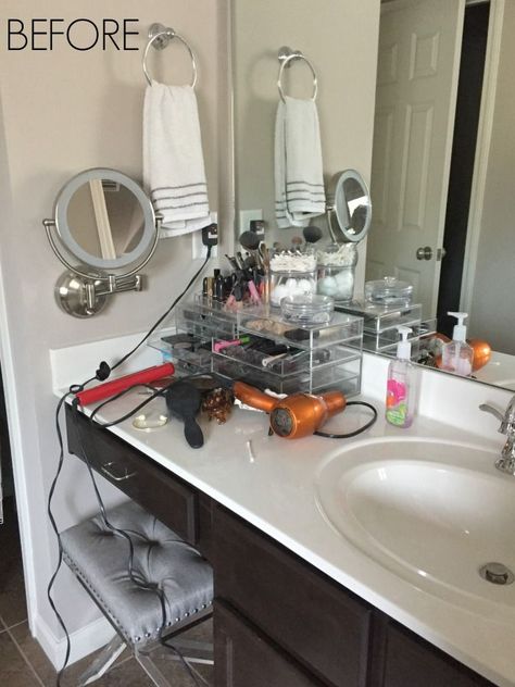 Vanity Makeup Drawer and Bathroom Cabinet Organization before  after! #organization #organize #bathroomorganizaton Makeup Organization Bathroom Counter, Makeup Vanity Bathroom, Organize Bathroom Counter, Bathroom Makeup Storage, Makeup Vanity In Bathroom, Makeup Organization Bathroom, Vanity In Bathroom, Makeup Drawers, Bathroom Cabinet Storage