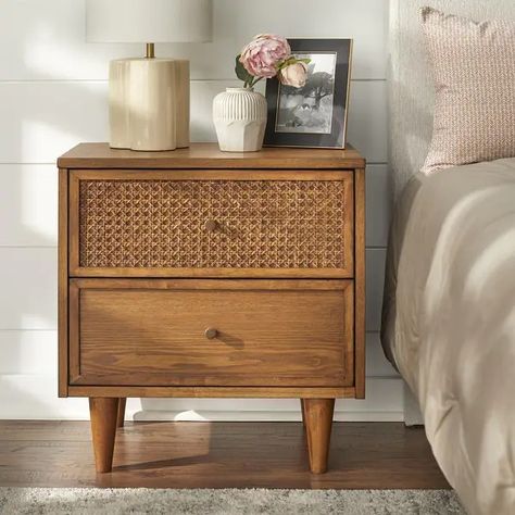 Lifestorey Maxwell 2-Drawer Nightstand with Natural Cane - On Sale - Bed Bath & Beyond - 40124713 Cane Bedroom Furniture Ideas, Set Of 2 Nightstands, Mango Wood Nightstand, Mid Century Modern Bedroom Nightstands, Cane Nightstand Bedroom, Medium Wood Bedroom Furniture, His And Hers Nightstand Styling, Boho Bedroom Furniture Ideas, Midcentury Modern Bedroom Decor Ideas