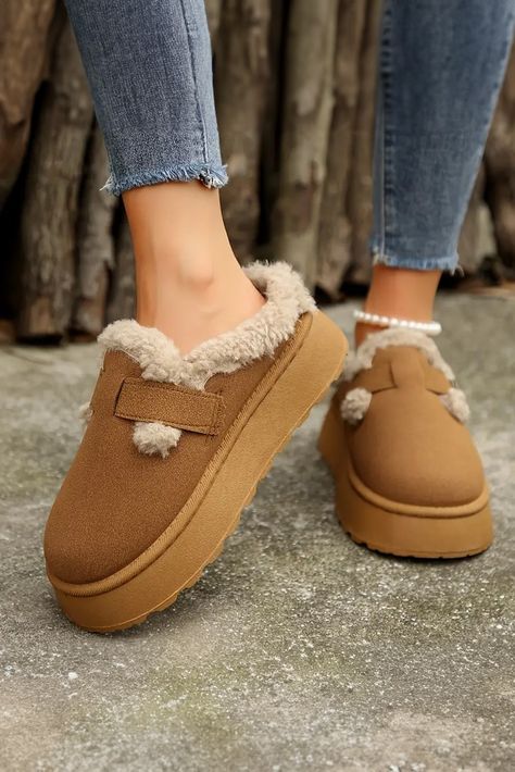 $7.88 Brown Plush Patched Buckle Decor Thick Sole Thermal Slippers Wholesale Brown Casual Shoes, Black Casual Shoes, Drawstring Waist Pants, Comfortable Slippers, Slippers Cozy, Snow Boots Women, House Shoes, Season Winter, Leather And Lace