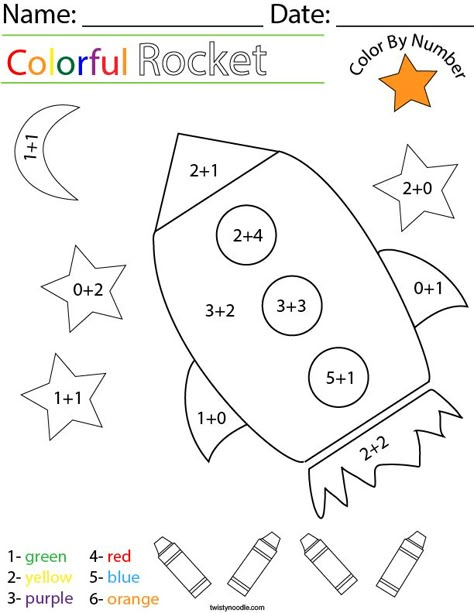 Addition- Color by Number Rocket Math Worksheet - Twisty Noodle Rocket Math, Addition Coloring Worksheet, Math Multiplication Worksheets, Kindergarten Math Worksheets Free, Math Coloring Worksheets, Math Addition Worksheets, Math Sheets, Math Multiplication, Math Coloring