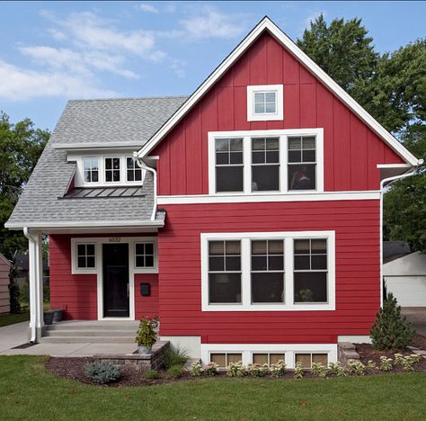 If you're looking for dark house colors, consider this red beauty! Love the board and batten on top with the white trim and gray roof! #darkexterior #darkhouse #redhouseideas #exteriorpaintedhouse #farmhouse #redfarmhouse House With White Trim, Red House Exterior, Exterior Color Ideas, Home Paint Color, Red Houses, Farmhouse Exterior Design, Red Farmhouse, Home Exterior Ideas, Paint Colors For House