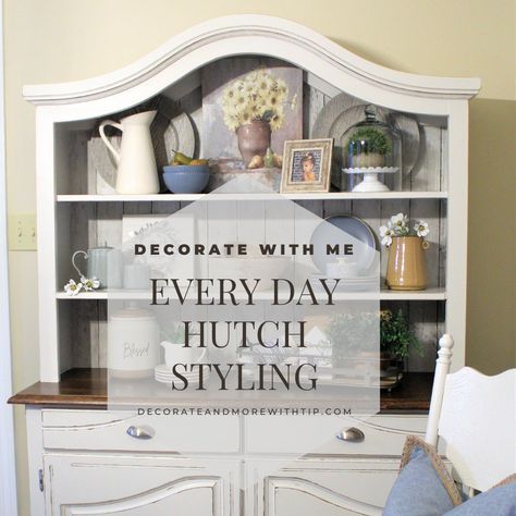 Hutch Photo Display, How To Style A Dining Room Hutch, Country China Cabinet Farmhouse Style, China Cabinet Top Decor, Decorate A Hutch Ideas, Hutch Ideas Decorating, Dining Room Cabinet Styling, How To Decorate A Hutch Farmhouse, Styled China Cabinets